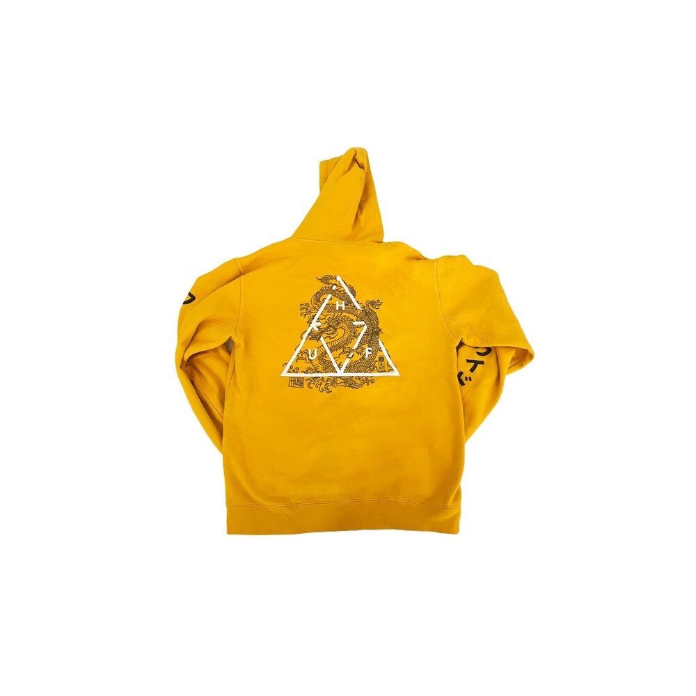 HUF Worldwide Yellow Hoodie Dragon Triple Triangle Japanese Sleeve Logo M